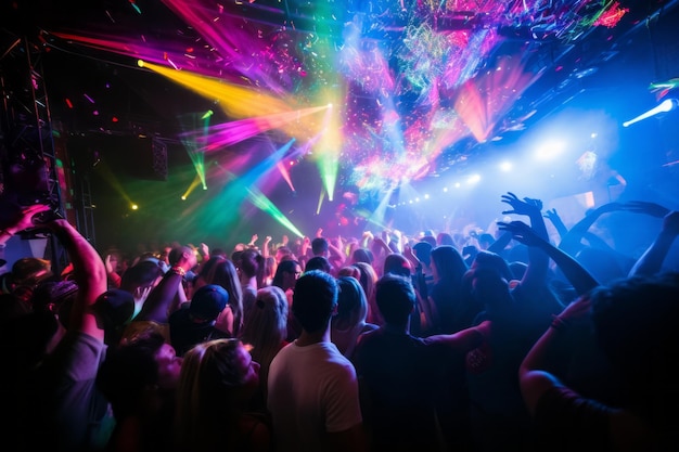 Folla che balla sotto vivaci luci multicolori
