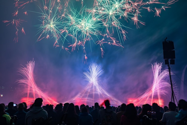 Folla contro spettacolo di fuochi d'artificio nel cielo notturno