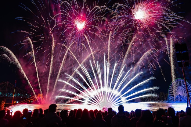 Folla contro spettacolo di fuochi d'artificio nel cielo notturno