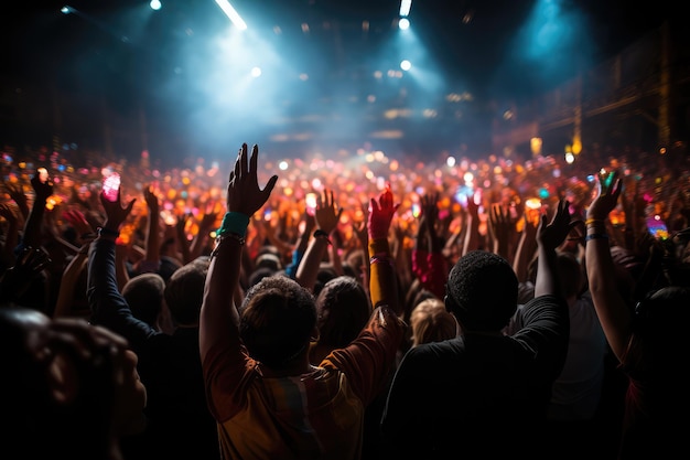 folla di concerto con le mani alzate a un festival musicale fotografia pubblicitaria professionale