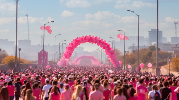 folla di donne vestite di rosa in una festa che marcia o corre