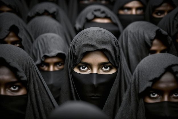 Folla di giovani donne nel tradizionale hijab musulmano ritratto primo piano con i volti coperti su una strada cittadina tra una folla di persone che protestano per strada scialle hijab nero Generative AI
