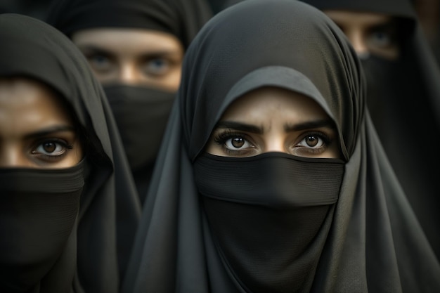 Folla di giovani donne nel tradizionale hijab musulmano volto ritratto guardando la fotocamera sulla strada della città in mezzo alla folla protesta in strada velo hijab nero discriminazione contro le donne rally AI generativa