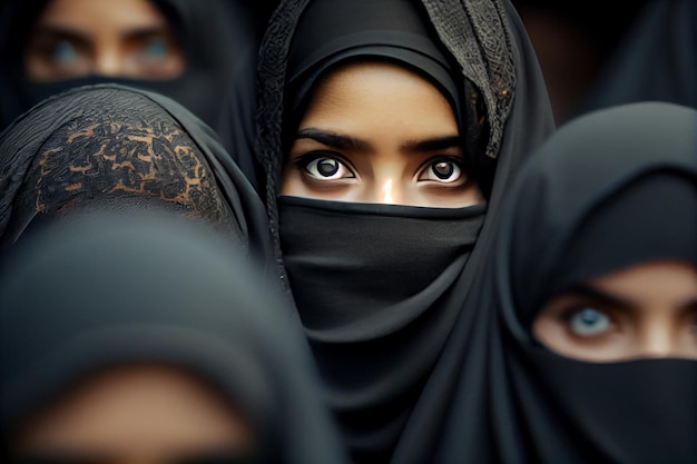 Folla di giovani donne nel tradizionale hijab musulmano volto ritratto guardando la fotocamera sulla strada della città in mezzo alla folla protesta in strada velo hijab nero discriminazione contro le donne rally AI generativa