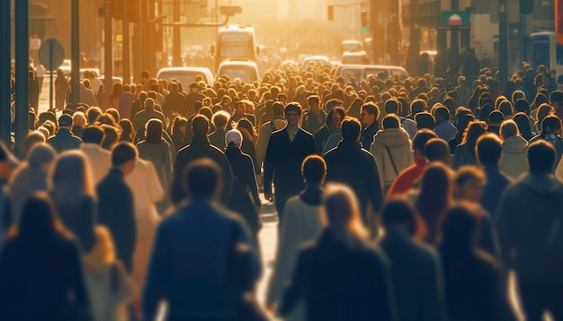 Folla di persone che camminano in una strada trafficata della città retroilluminata AI generativa