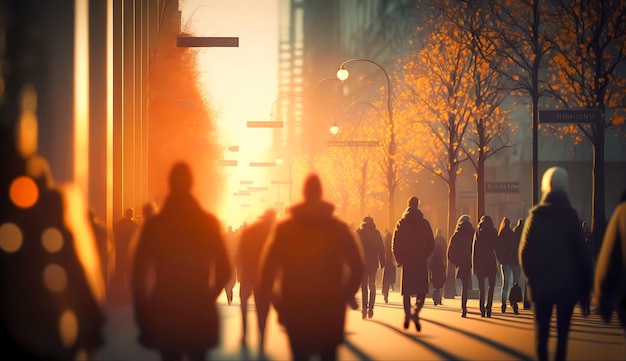 Folla di persone che camminano per strada in movimento sfocato