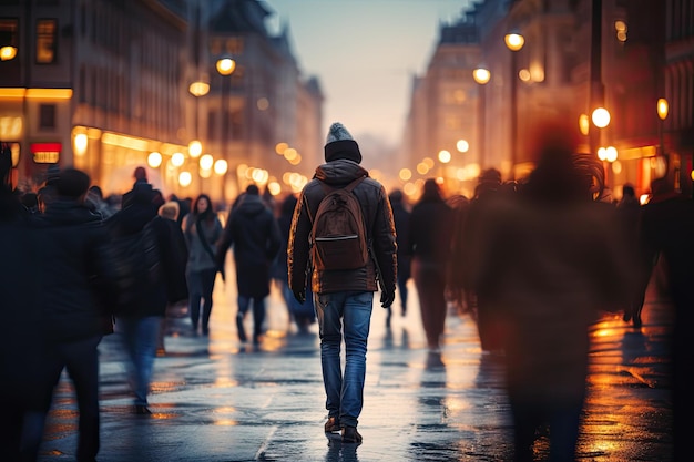 Folla di persone che camminano per strada la sera al tramonto Folla di persone che camminano per la città di notte Sfondo sfocato generato dall'intelligenza artificiale