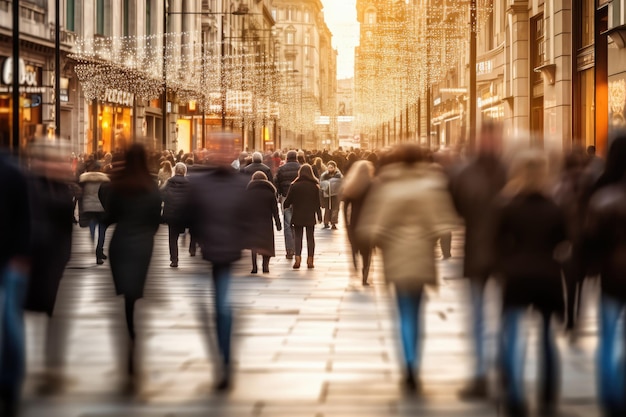 Folla di persone che camminano su una strada trafficata che si muove velocemente attraverso il centro città