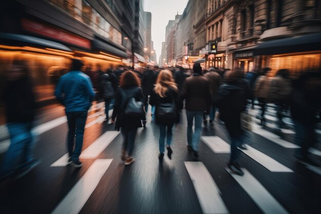 Folla di persone in rapido movimento in una strada trafficata con lunga esposizione