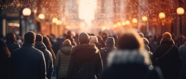 Folla di persone in una strada commerciale vacanze di Natale IA generativa