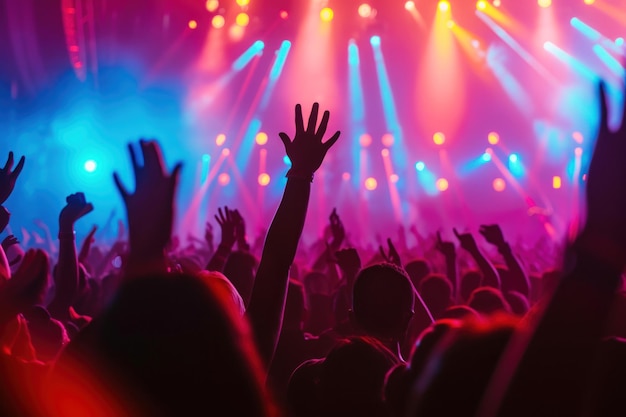 Folla energica ad un concerto dal vivo con le mani alzate e luci colorate e vibranti sul palco
