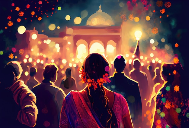 Folla indiana gente nel Diwali il festival delle luci nella notte con fuochi d'artificio a lume di candela e sfondo della moschea IA generativa