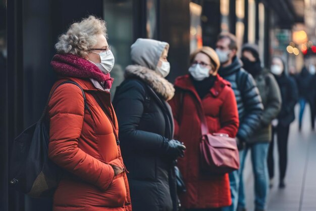 Folla mascherata che cammina in città durante la pandemia