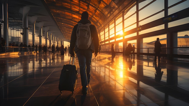 Folle di persone che camminano all'aeroporto al tramonto Concetto di turismo di viaggio