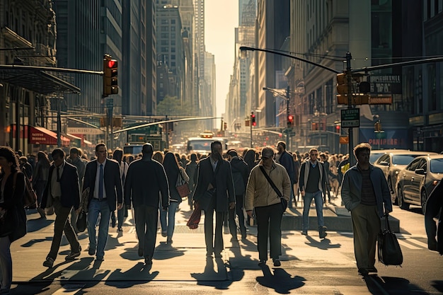 Folle di persone che camminano per strada a New York Le persone attraversano la strada generata dall'IA