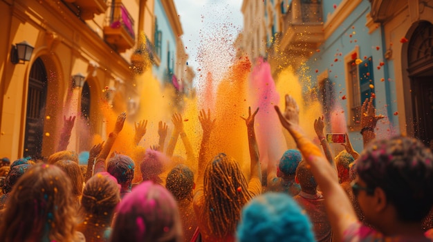 Folle gioiose celebrano la festa di Holi con esplosioni di polvere colorata per le strade