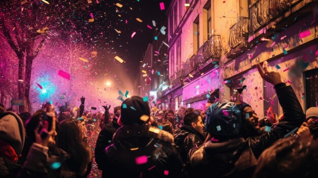 Folle in strada a Parigi che festeggia il Buon Anno e Buon Natale