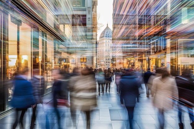 Folle sfocate di persone si fondono insieme simboleggiando la frenetica vita urbana