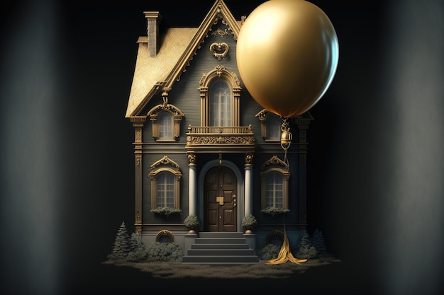 Fondale bianco con nastro e palloncino oro raffigurante una casa con porta e camino