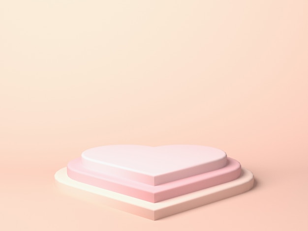 Fondale del palco del podio a forma di cuore rosa pastello per espositore del prodotto o utilizzato in altri progetti. Rendering 3D