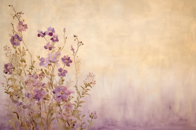 Fondale in tela dipinta a mano in morbido viola e crema con fiori su una vite che si insinua in un sacco