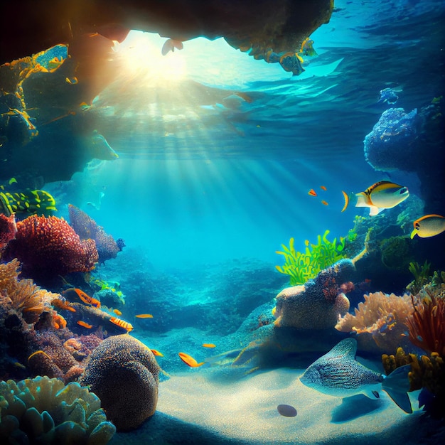 Fondale marino tropicale subacqueo con scogliera e sole