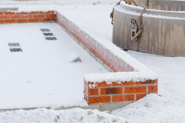 Fondazione in cemento per la nuova casa in inverno sotto la neve Lavori di costruzione interrotti a causa della neve