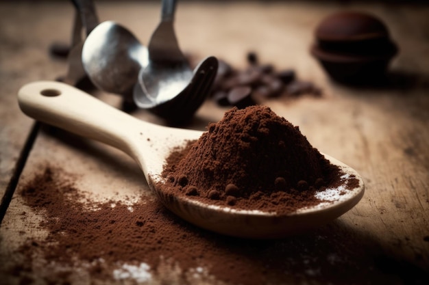 Fondi di caffè in un cucchiaio di legno da vicino