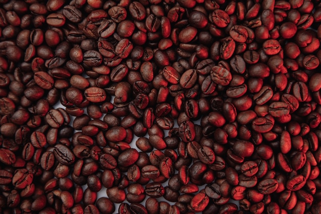 Fondo arrostito dei chicchi di caffè nel primo piano di colore rosso.