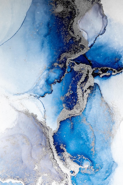 Fondo astratto d'argento blu della pittura di arte di marmo liquido dell'inchiostro su carta