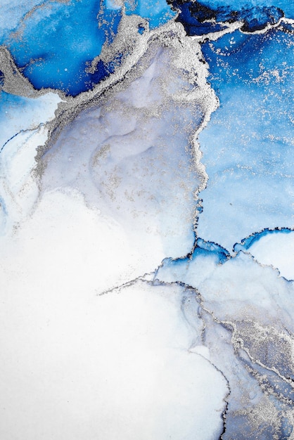 Fondo astratto d'argento blu della pittura di arte di marmo liquido dell'inchiostro su carta