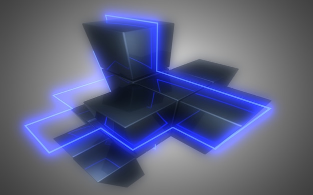 Fondo astratto dei cubi 3D con le luci al neon. illustrazione 3D