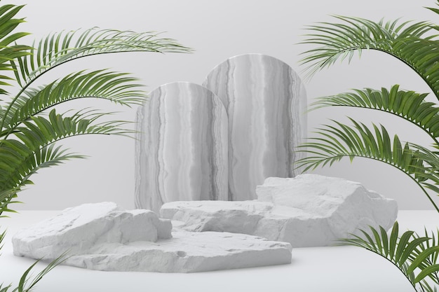 Fondo astratto del plam del marmo della roccia per l'illustrazione 3d del rendering 3d del podio dell'esposizione del prodotto cosmetico