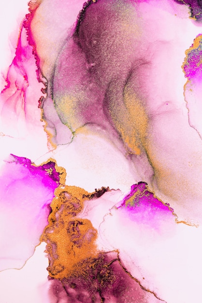 Fondo astratto dell'oro rosa della pittura di arte dell'inchiostro liquido di marmo su carta.