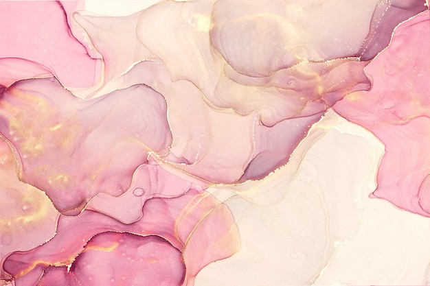 Fondo astratto della pittura dell'inchiostro liquido nei colori rosa con gli spruzzi dorati