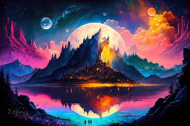 Fondo astratto di fantasia variopinta con le montagne e il tramonto stupefacente del lago