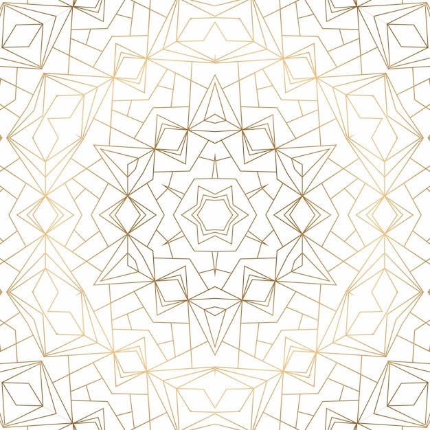 Fondo astratto geometrico dorato su bianco. Motivo per decorazione e design, motivo simmetrico di colore oro