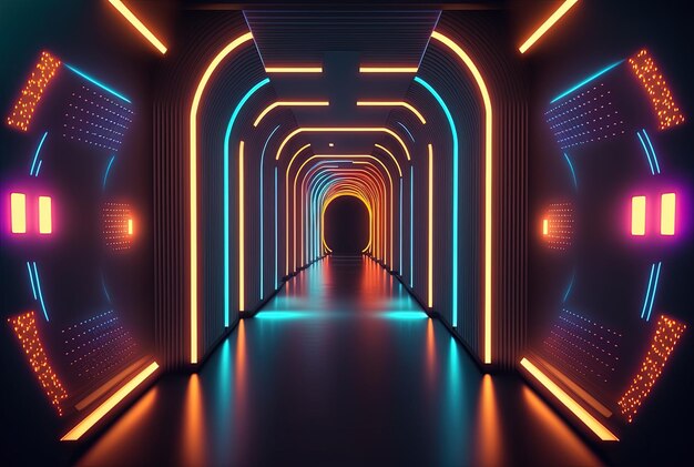 Fondo astratto moderno futuristico del corridoio della luce al neon a tema Sci Fi