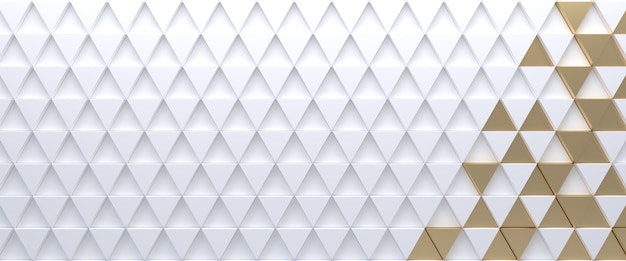 Fondo astratto triangolare piastrellato bianco e oro. Superficie di triangoli estrusi. Rendering 3D.