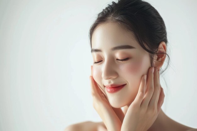 Fondo bianco del modello cosmetico di cura della pelle di bellezza asiatica