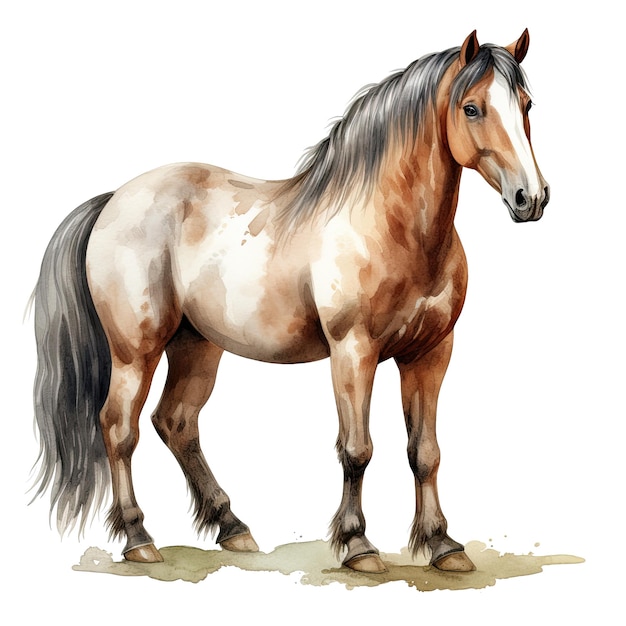 Fondo bianco di clipart del bellissimo cavallo selvaggio dell'acquerello