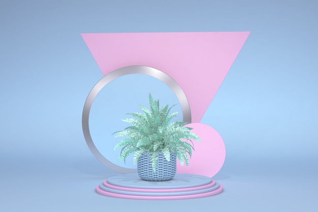 Fondo blu astratto con il podio rosa geometrico di forma e la felce pastello verde Rendering 3d di concetto minimo