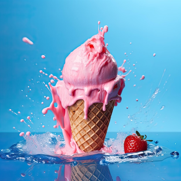 Fondo blu del cono gelato alla fragola