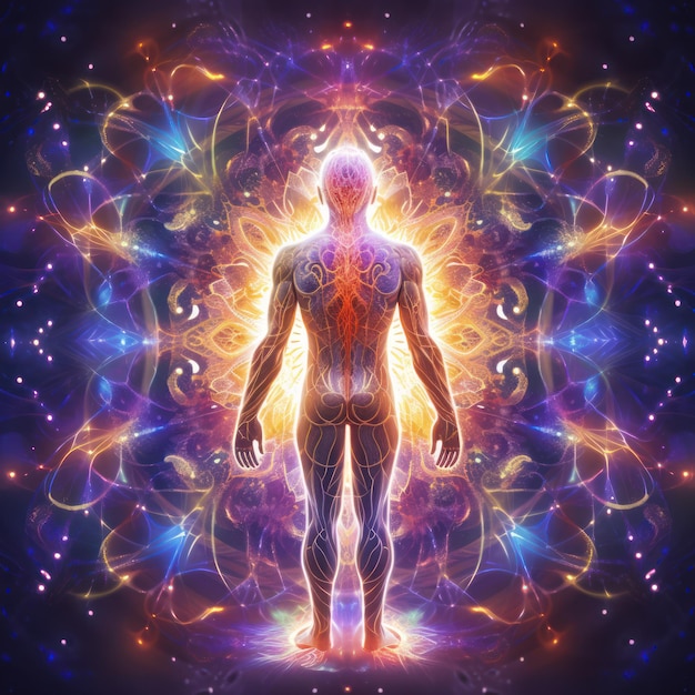 Fondo brillante variopinto dell'illustrazione dei chakra del corpo umano