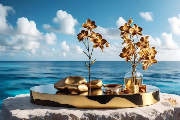 Fondo cosmetico del podio della roccia dorata piana con l'orchidea secca dai materiali iperrealistici dell'oceano blu