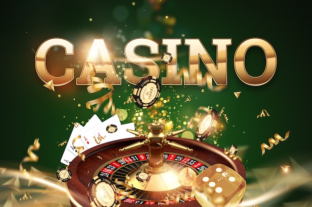 Fondo creativo, casinò dell&#39;iscrizione, roulette, dadi di gioco, carte, chip del casinò su un fondo verde