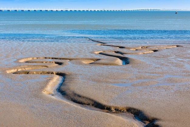 Fondo del fiume Tago e ponte Vasco da Gama come sfondo