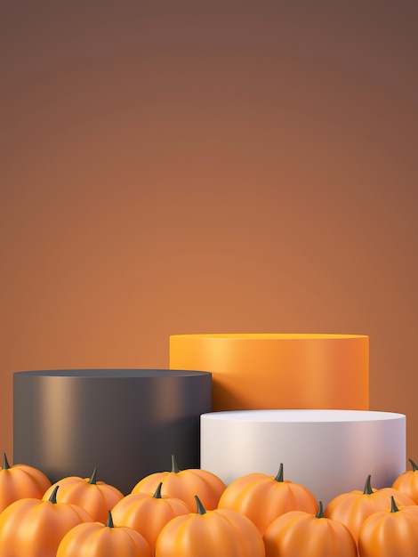 Fondo del modello del prodotto di Halloween con l'esposizione del podio del prodotto arancione 3D e la zucca, illustrazione di rendering 3D