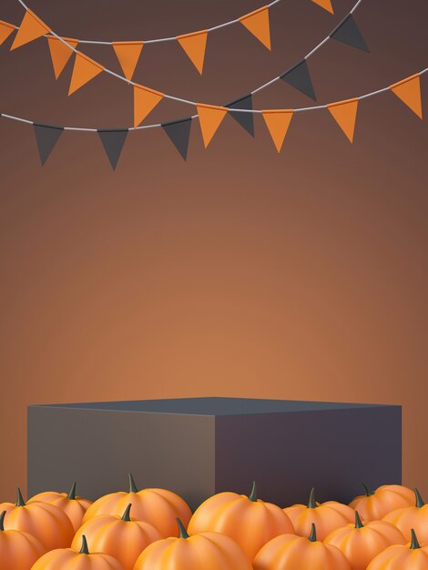 Fondo del modello del prodotto di Halloween con l'esposizione del podio del prodotto arancione 3D e la zucca, illustrazione di rendering 3D