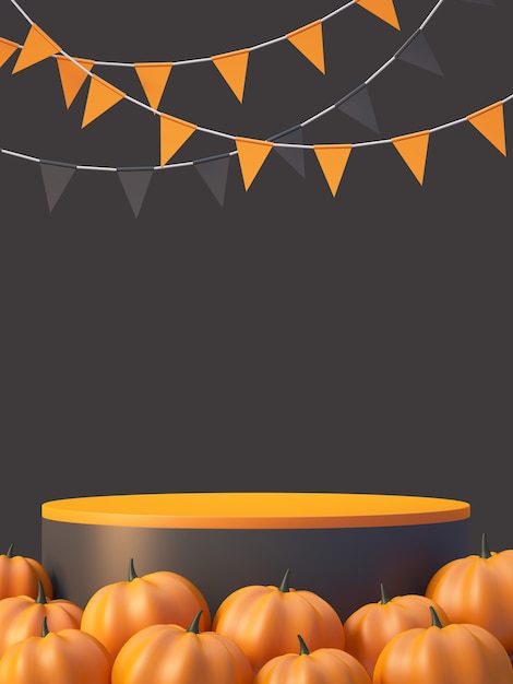 Fondo del modello del prodotto di Halloween con l'esposizione del podio del prodotto arancione 3D e la zucca, illustrazione di rendering 3D